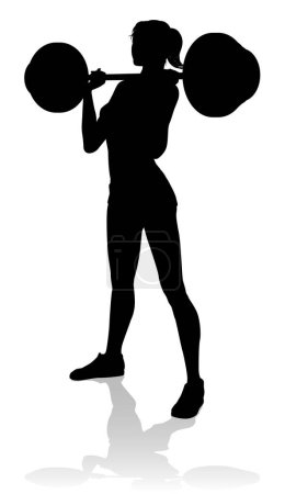 Ilustración de Una mujer en silueta usando pesas de barra gimnasio gimnasio gimnasio equipo - Imagen libre de derechos