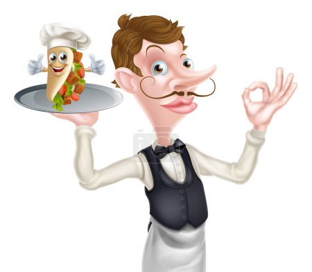 An Illustration of a Cartoon Perfect Kebab Waiter Butler