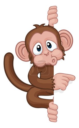 Illustration for A monkey cartoon character animal behind a sign peeking around and pointing at it - Royalty Free Image