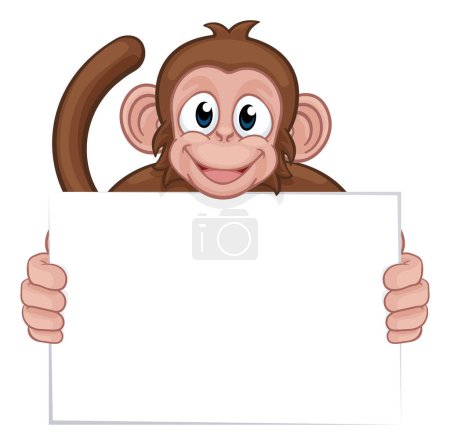 Un singe mignon personnage de dessin animé heureux animal tenant un signe vierge avec copie-espace
