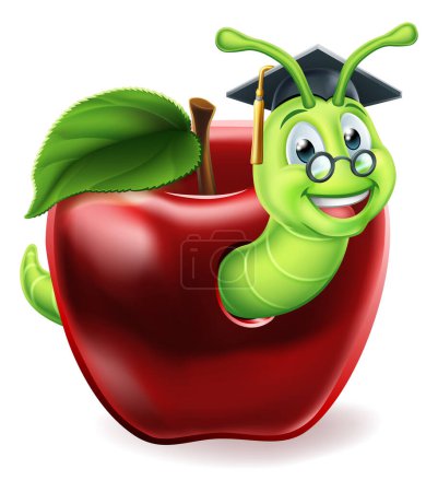 Illustration for A caterpillar bookworm worm cute cartoon character education mascot coming out of an apple wearing graduation hat and glasses - Royalty Free Image