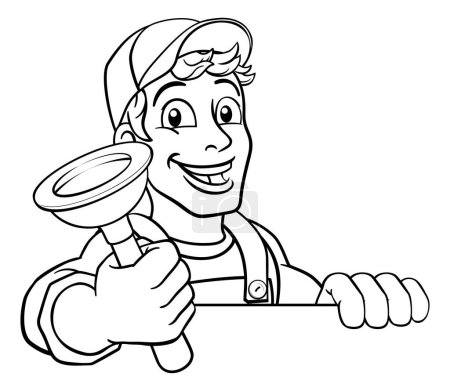 Illustration for Plumber or handyman cartoon mascot holding a plumbing drain or toilet plunger. Peeking over a sign - Royalty Free Image