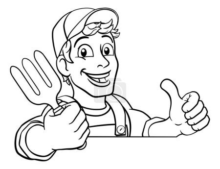 Ilustración de Un jardinero, manitas o granjero cuidador de dibujos animados contratista hombre sosteniendo una herramienta de tenedor de jardín. Echando un vistazo a una señal y dando un pulgar hacia arriba - Imagen libre de derechos