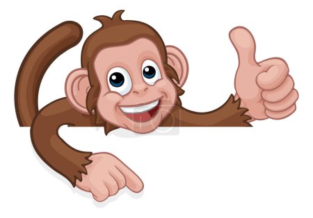 Ilustración de Un animal de dibujos animados mono espiando un signo y señalándolo mientras hace un pulgar hacia arriba - Imagen libre de derechos