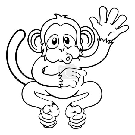 Téléchargez les illustrations : Un singe mignon personnage de dessin animé heureux agitant et pointant du doigt - en licence libre de droit