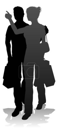 La silueta de la gente de un hombre y una mujer jóvenes, probablemente una pareja o un marido y una esposa comprando con bolsas de venta al por menor