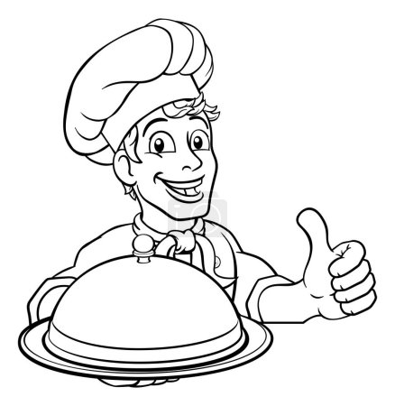Téléchargez les illustrations : Un chef tenant une assiette d'argent ou un plat bombé cloche de nourriture jetant un coup d'oeil sur un signe et donnant un pouce vers le haut dessin animé. - en licence libre de droit