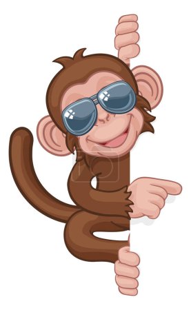 A cool monkey cartoon character animal wearing sunglasses or shades peeking around a sign and pointing at it
