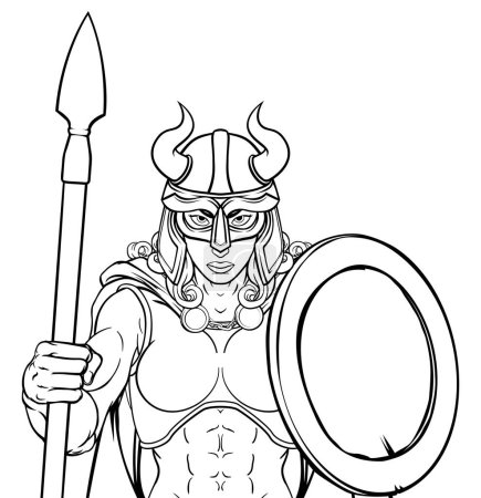 Ilustración de Vikingo mujer guerrera mujer deportes equipo mascota dibujos animados carácter - Imagen libre de derechos
