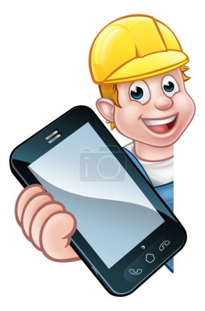 A handyman or mechanic holding a phone with copyspace