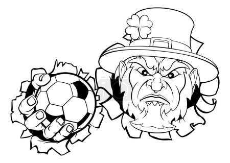 Ein Kobold Fußball Sport Maskottchen hält einen Ball und zerreißt durch den Hintergrund.