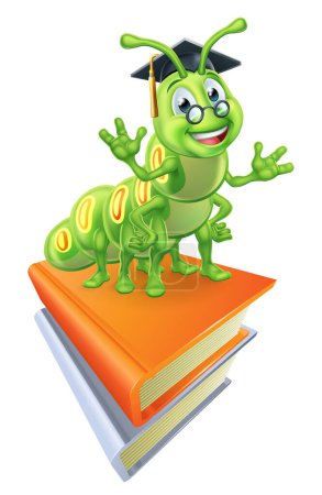 Illustration for A bookworm caterpillar worm cartoon character education mascot standing on a pile of books wearing graduation mortar board hat and glasses - Royalty Free Image