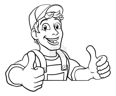 Illustration for A handyman cartoon character caretaker construction man peeking over a sign and giving a thumbs up - Royalty Free Image