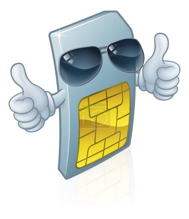 A mobile phone sim card cartoon character mascot wearing cool shades or sunglasses giving a double thumbs up.