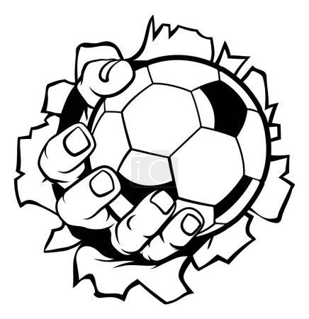 Téléchargez les illustrations : Une main forte tenant un ballon de football déchirant à travers l'arrière-plan. Graphiques sportifs - en licence libre de droit