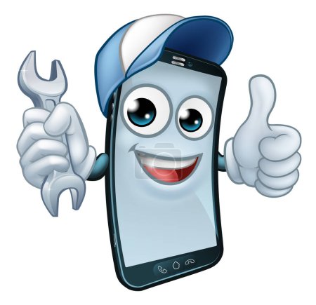 A mobile phone repair service or perhaps plumber or mechanic app cartoon character mascot holding spanner and giving a thumbs up.