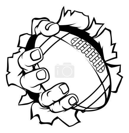Illustration for A strong hand holding an American football ball tearing through the background. Sports graphic - Royalty Free Image