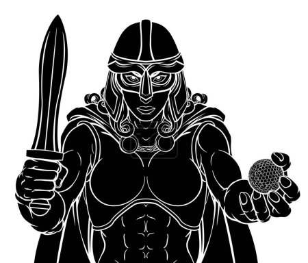 Ilustración de Una mujer vikinga, troyano espartano o celta guerrera mujer gladiador caballero golf deportes mascota - Imagen libre de derechos