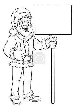 Ilustración de Joven guapo personaje de dibujos animados de Navidad de Santa Claus sosteniendo un cartel de pie dando un pulgar hacia arriba - Imagen libre de derechos