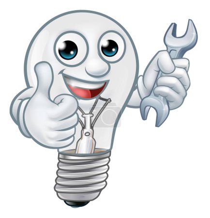 Téléchargez les illustrations : Une ampoule personnage de dessin animé ampoule mascotte tenant une clé ou une clé et donnant pouces vers le haut - en licence libre de droit