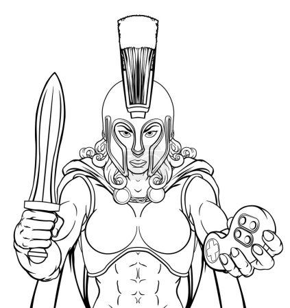 Ilustración de Una mujer espartana o troyana o gladiadora mascota guerrera gamer con controlador de videojuegos - Imagen libre de derechos