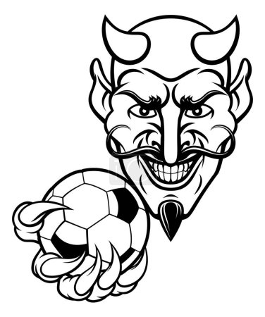 Illustration for A devil cartoon character sports mascot holding a soccer football ball - Royalty Free Image