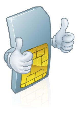 A mobile phone sim card cartoon character mascot giving a double thumbs up.