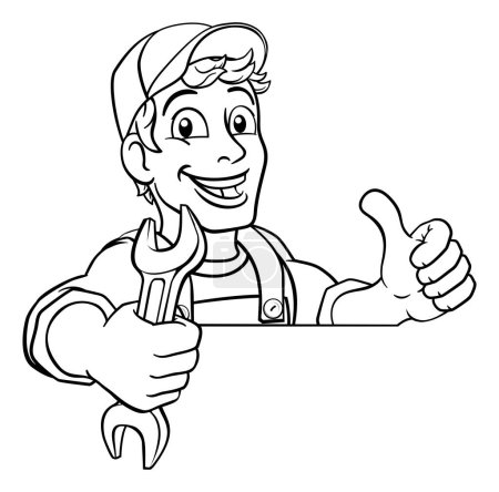Illustration for Mechanic plumber maintenance handyman cartoon mascot man holding a wrench or spanner. Peeking over a sign and giving a thumbs up - Royalty Free Image