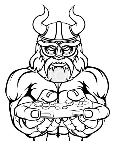 Ilustración de Una mascota vikinga o gladiador jugador guerrero con controlador de videojuegos - Imagen libre de derechos