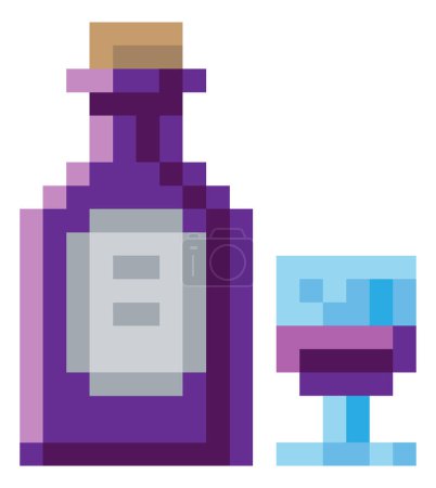 Téléchargez les illustrations : Bouteille de vin et verre icône 8 bits dans un style d'art de jeu vidéo pixel 8 bits - en licence libre de droit