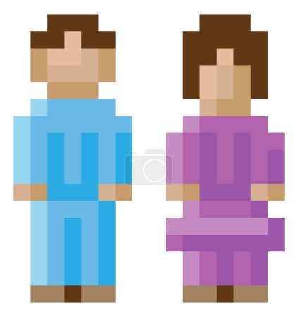Woman and man or male and female icons in a pixel 8 bit video game art style