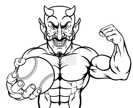 Ilustración de Un diablo Satanás béisbol o softbol mascota deportiva personaje de dibujos animados hombre sosteniendo una pelota - Imagen libre de derechos
