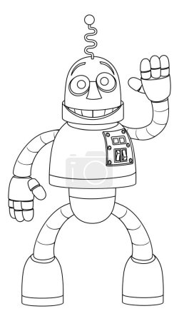 Téléchargez les illustrations : Un robot amical enfants coloriage personnage de bande dessinée souriant et agitant - en licence libre de droit