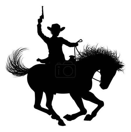 Téléchargez les illustrations : Un cow-boy chevauchant un cheval en silhouette agitant un pistolet dans les airs - en licence libre de droit