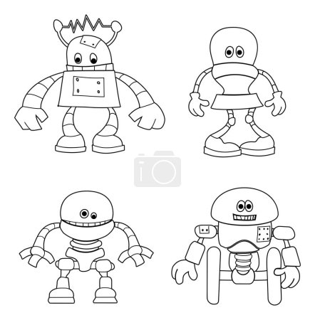 Téléchargez les illustrations : Un ensemble de robots mignons enfants coloriage personnages de dessins animés - en licence libre de droit