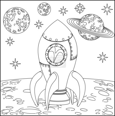 Una página de fondo de escena para colorear de dibujos animados espaciales con nave cohete en la superficie de las lunas y planetas