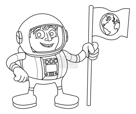 Illustration for A space man cartoon coloring astronaut holding a flag - Royalty Free Image