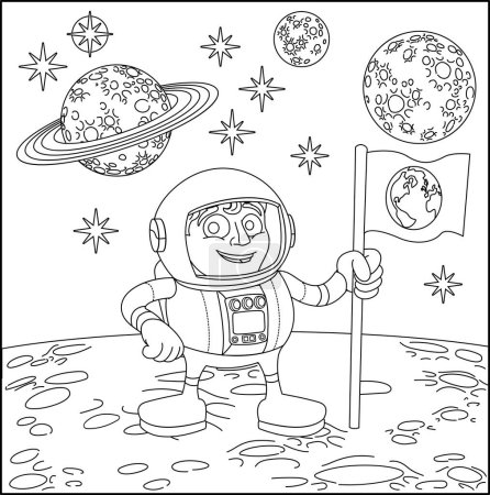 A space cartoon coloring scene background page with astronaut on moons surface and planets