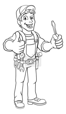 Electricista manitas hombre práctico sosteniendo electricistas destornillador herramienta de dibujos animados mascota de construcción. Dar un pulgar hacia arriba.