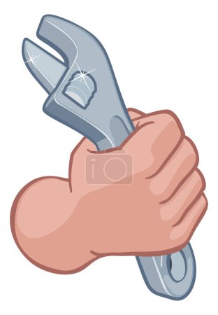 Un plomero o mecánico mano de dibujos animados en un puño sosteniendo una llave inglesa o llave inglesa