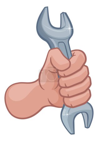 Un plomero o mecánico mano de dibujos animados en un puño sosteniendo una llave inglesa o llave inglesa