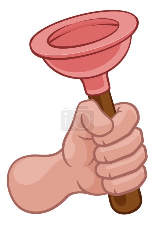 Illustration for A plumber cartoon hand in a fist holding a plumbers toilet or sink plunger - Royalty Free Image