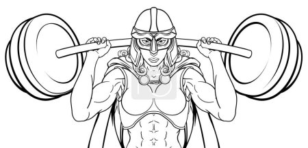 Une guerrière haltérophile soulevant un lourd haltère. Peut-être une mascotte viking, anglo-saxonne, chevalier ou ancien cheval de Troie grec ou spartiate sportive