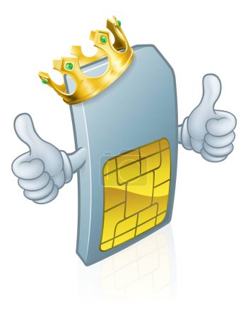 A mobile phone sim card cartoon character mascot wearing a gold king crown