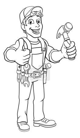 Ein Handwerker Schreiner oder Bauarbeiter Cartoon Mann mit einem Hammer. Bauarbeiter oder DIY-Charakter-Maskottchen. Daumen hoch.