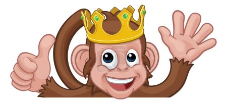 Un mono rey de dibujos animados personaje animal con una corona mirando sobre un signo y saludando dando un pulgar hacia arriba