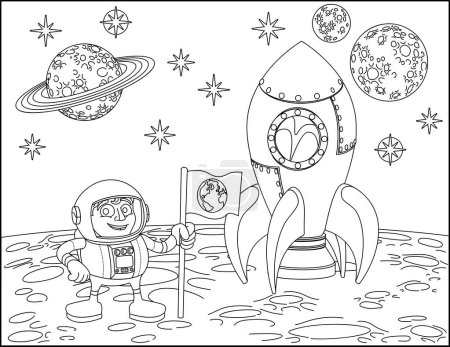 Ein Raum Cartoon Färbung Szene Hintergrundseite mit Rakete, Astronaut und Planeten