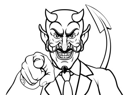 An evil devil or Satan businessman in business suit pointing at the viewer