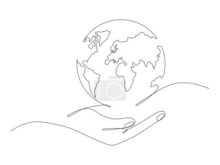 Menschliche Hand hält Erde Globus kontinuierliche Linienzeichnung. Save of Planet lineares Konzept. Vektor-Illustration isoliert auf Weiß.