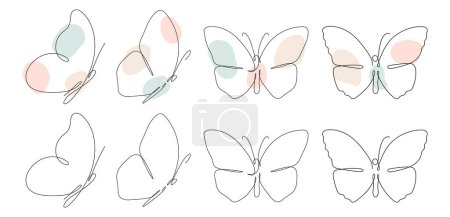 Butterfly continuous one line drawing set. Linear art butterfly flying with abstract pastel colour shapes collection. Vector isolated on white.
